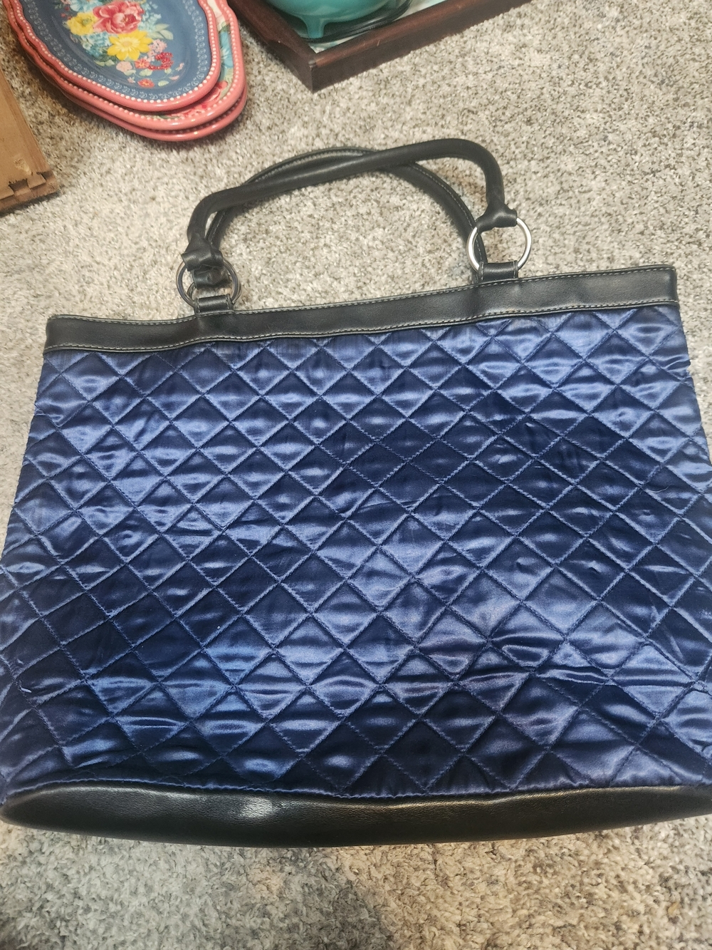 Quilted Navy Satin Tote with Black Trim